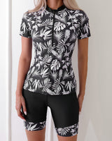 Damen Sportlicher Kurzarm Schwimmanzug mit floralem Design Drune in Schwarz