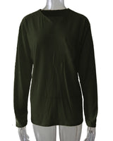 Damen nan legeres Langarmshirt mit V-Notch-Ausschnitt, Brusttasche und lockerer Oversize-Passform Drune in Ohne Taschen - Olivgrün Langarm