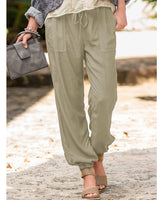 Damen nan lässige Leinenoptik Jogginghose mit Tunnelzug, aufgesetzten Taschen und elastischen Bündchen Drune in Khaki