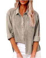 Damen nan oversized Leinen-Baumwollmix Hemdbluse mit Brusttasche und krempelbaren Ärmeln Drune in Khaki