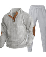 Herren nan strukturiertes Strick-Loungewear-Set mit halber Knopfleiste, kontrastreichen Ellbogenpatches und elastischem Tunnelzug-Jogger Drune in Hellgrau