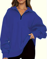 Damen nan Oversized Sweatshirt mit Kurzreißverschluss, Stehkragen und Kängurutasche Drune in Mehrfarbiges Blau