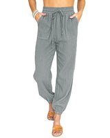 Damen nan leichte Leinenoptik Freizeit-Hose mit hohem elastischem Bund, Kordelzug, aufgesetzten Taschen und elastischen Knöchelbündchen Drune in Hellgrau