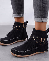 Damen nan Fransen-Mokassin-Stiefelette mit Ziergurt, Schnalle und weicher Gummisohle Drune in Schwarz