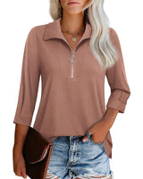 Damen nan lässige Bluse mit Reißverschlusskragen dreiviertelärmel und ausgestelltem Saum Drune in Korallenrot