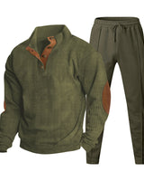 Herren nan strukturiertes Strick-Loungewear-Set mit halber Knopfleiste, kontrastreichen Ellbogenpatches und elastischem Tunnelzug-Jogger Drune in Olivgrün