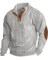 Herren nan grober Rippstrick-Pullover mit Stehkragen, Knopfleiste und markanten Ellenbogenpatches Drune in Grau