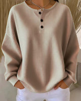 Damen nan Oversized Waffelstrick Henley-Pullover mit Knopfleiste und abgerundetem Saum Drune in Grau