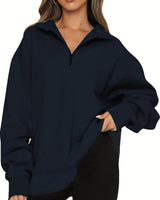 Damen nan Oversized Sweatshirt mit Kurzreißverschluss, Stehkragen und Kängurutasche Drune in Tiefblau