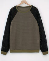 Damen nan Pullover mit Waffelstruktur, Raglanform und transparenter Spitzenärmel Drune in Militärgrün