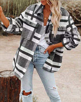 Damen nan karierte Overshirtjacke mit Brusttaschen und lockerer Passform Drune in Grau