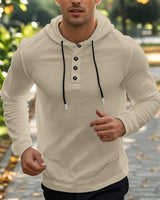 Herren nan Henley-Kapuzenpullover mit Knopfleiste und verstellbarem Kordelzug Drune in Khaki