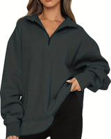 Damen nan Oversized Sweatshirt mit Kurzreißverschluss, Stehkragen und Kängurutasche Drune in Dunkelgrau