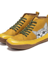 Damen nan knöchelhohe Sneaker mit niedlichem Katzenmotiv Stickerei und ergonomischem Komfortfußbett Drune in Gelb