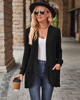 Damen nan langer gerippter Cardigan mit aufgesetzten Taschen und offener Front Drune in Schwarz