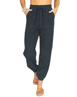 Damen nan leichte Leinenoptik Freizeit-Hose mit hohem elastischem Bund, Kordelzug, aufgesetzten Taschen und elastischen Knöchelbündchen Drune in Dunkelgrau