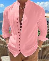 Herren nan Leinenoptik Sommerliches Freizeithemd mit Stehkragen, dekorativer Knopfleiste und krempelbaren Ärmeln Drune in Pink