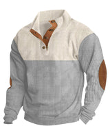 Herren nan gerippter Pullover mit Stehkragen, Knopfleiste und Ellbogen-Patches Drune in Apricot + Hellgrau