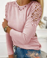Damen nan langärmeliges Feinstrickshirt mit Häkelspitzen-Schultereinsätzen und Rundhalsausschnitt Drune in Rosa