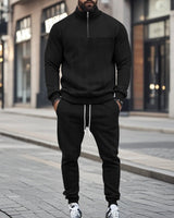 Herren nan Strick-Trainingsset mit halbem Reißverschluss, Zopfmuster-Pulli und Kordelzug-Jogger Drune in Schwarz