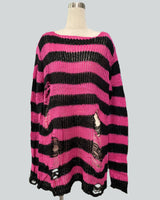 Damen nan Oversized Grobstrickpullover mit breiten Blockstreifen und aufgerissenem Design Drune in Lang Fuchsia