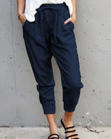 Damen nan lässige tapered Leinenhose mit elastischem Bund und Bündchen Drune in Marineblau