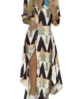 Damen nan knopfbares Maxi-Hemdkleid mit geometrischem Muster, V-Ausschnitt, Kentkragen und hohem Beinschlitz Drune in Dreiecksmuster