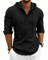 Herren nan lässiges Waffelstrick-Henley Kapuzenpullover mit Knopfleiste Drune in Schwarz