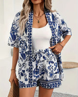 Hana | Damen Kimono-Set Shorts Blumenmuster Sommer in Marineblau