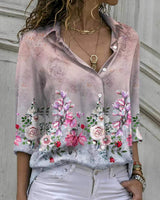 Damen nan florale V-Ausschnitt Knopfbluse mit lockerer Passform und Umschlagärmeln Drune in Pink