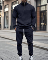 Herren nan Strick-Trainingsset mit halbem Reißverschluss, Zopfmuster-Pulli und Kordelzug-Jogger Drune in Navyblau