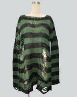 Damen nan Oversized Grobstrickpullover mit breiten Blockstreifen und aufgerissenem Design Drune in Langes Schwarzgrün