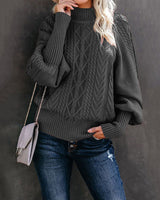 Damen nan Zopfmuster-Strickpullover mit Rollkragen und Ballonärmeln Drune in Dunkelgrau