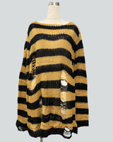 Damen nan Oversized Grobstrickpullover mit breiten Blockstreifen und aufgerissenem Design Drune in Lang Schwarz-Gold