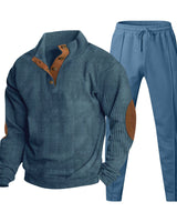 Herren nan strukturiertes Strick-Loungewear-Set mit halber Knopfleiste, kontrastreichen Ellbogenpatches und elastischem Tunnelzug-Jogger Drune in Jeansblau