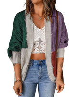 Damen nan lässige Strickjacke im Patchwork-Stil mit offener Front und 3/4-Ärmeln Drune in Dunkelgrün