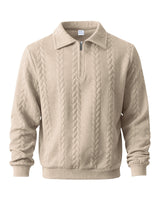 Herren nan strukturierter Strickpullover mit halbem Reißverschluss, Polokragen und Zopfmuster Drune in Khaki