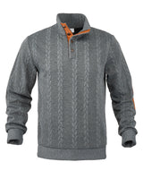 Herren nan Zopfmuster-Pullover mit Stehkragen, halber Knopfleiste und Ellbogenpatches Drune in Dunkelgrau