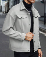 Herren nan Wolloptik-Overshirt Jacke im Shacket-Stil mit Brustklappen und Druckknopfleiste Drune in Hellgrau