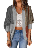 Damen nan lässige Strickjacke im Patchwork-Stil mit offener Front und 3/4-Ärmeln Drune in Dunkelgrau