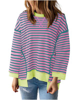 Damen nan oversized gestreifter Sweatshirtpullover mit kontrastsaum, überschnittener Schulter und seitlichen Schlitzen Drune in Violett gestreift