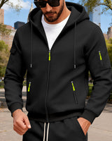 Herren nan Kapuzen-Sweatjacke mit durchgehendem Reißverschluss, mehreren Reißverschlusstaschen und Ärmel-Pocket Drune in Schwarz
