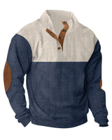Herren nan gerippter Pullover mit Stehkragen, Knopfleiste und Ellbogen-Patches Drune in Apricot+Blau