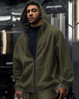 Herren nan oversized Zip-Hoodie mit durchgehendem Reißverschluss, Kängurutasche und gerippten Bündchen Drune in Olivgrün