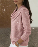 Damen nan fein gestrickter Pullover mit Wasserfallkragen und geripptem Saum Drune in Rosa Glitzer