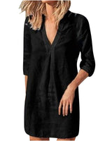 Damen nan Leinen Tunika Kleid mit V-Ausschnitt knielang lockere A-Linie Drune in Schwarz