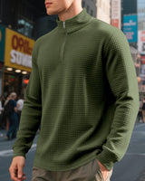 Herren nan leichtes Waffelstrick-Halbzip-Pullover mit Stehkragen und atmungsaktivem Baumwollmix Drune in Olivgrün