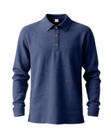 Herren nan langärmliges Baumwoll-Musselin Polohemd mit Holzknopfleiste und klassischem Kragen Drune in Navyblau