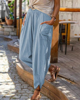 Damen nan lässige Haremshose mit elastischem Smockbund, aufgesetzten Taschen und gerafftem Knöchelabschluss Drune in Hellblau