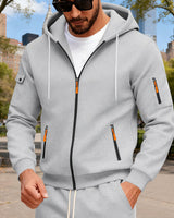 Herren nan Kapuzen-Sweatjacke mit durchgehendem Reißverschluss, mehreren Reißverschlusstaschen und Ärmel-Pocket Drune in Hellgrau
